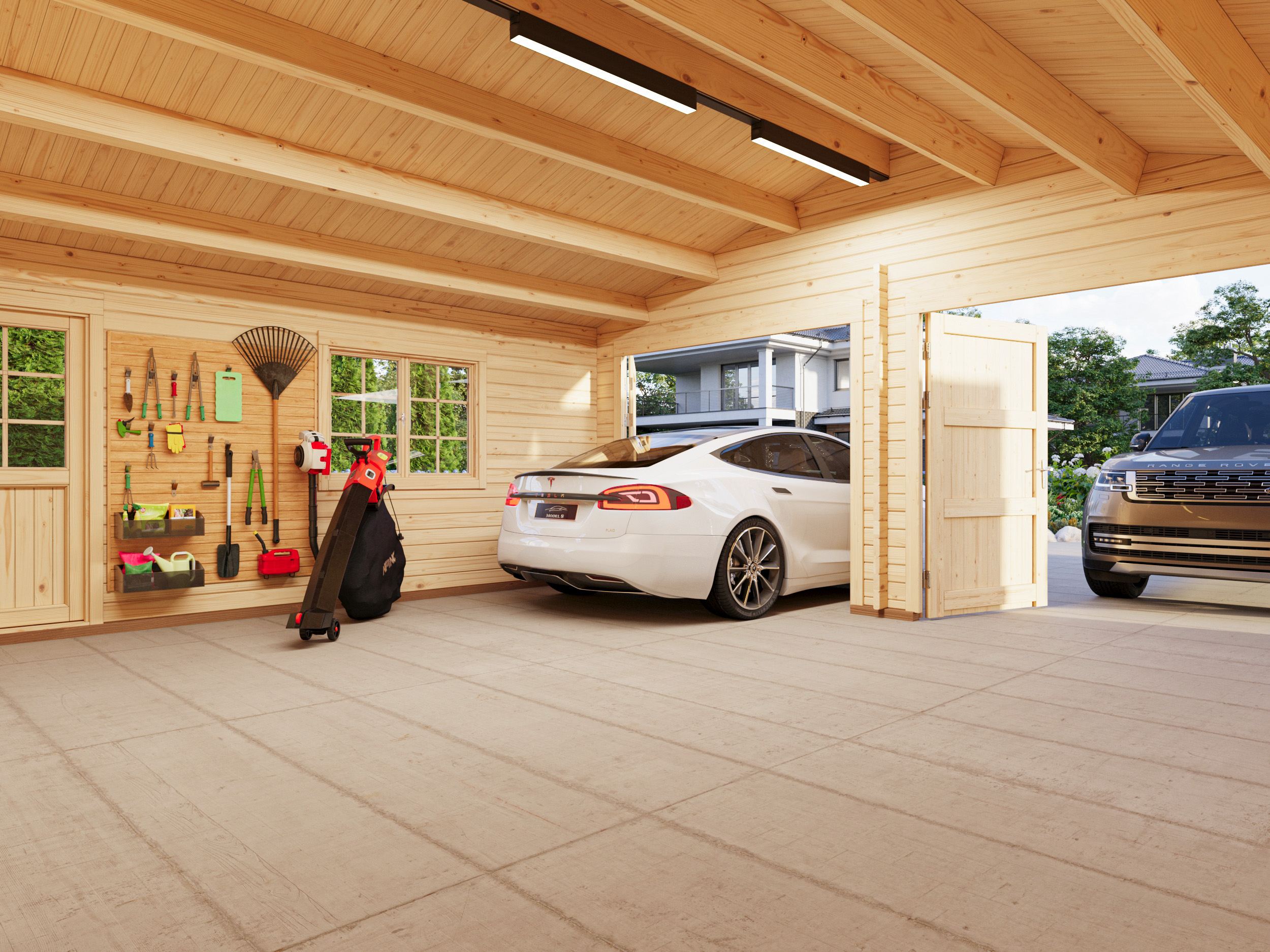 Roger XL (6x5.3m | 28.4m2 | 44mm) Timber Log Double Garage with Wooden