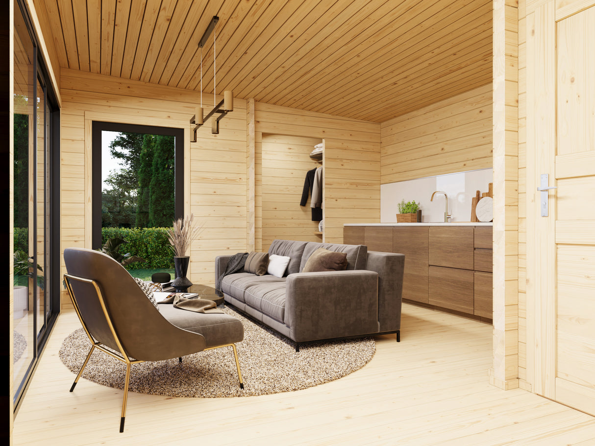 Cecilia XXL (9,1x4,4m | 32m2 | 70mm) Spacious 3-Room Modern Log Cottage with Aluminium Doors and Windows