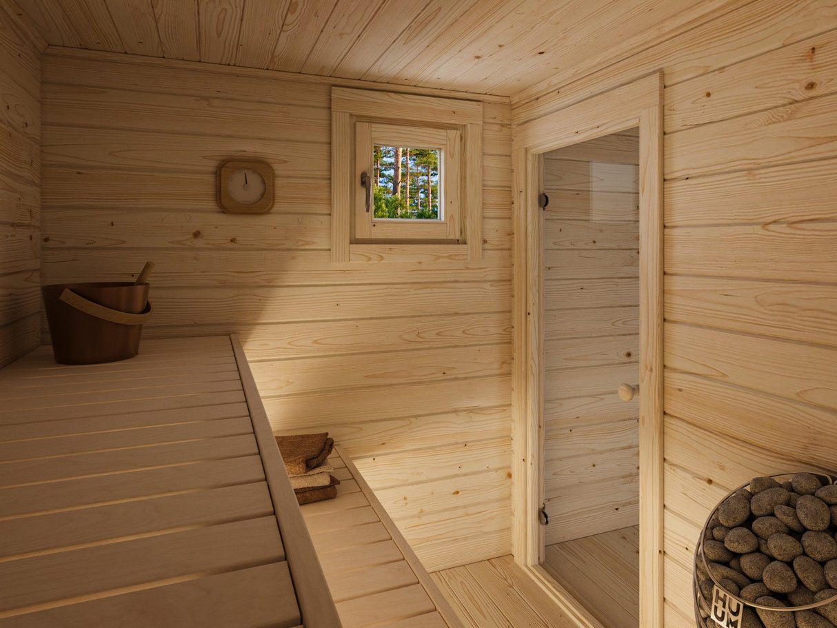 Leila 1 (5,4x3,4m | 17,5+7,3 m² | 70 mm) Log Sauna Cabin with Mezzanine Sleeping Loft
