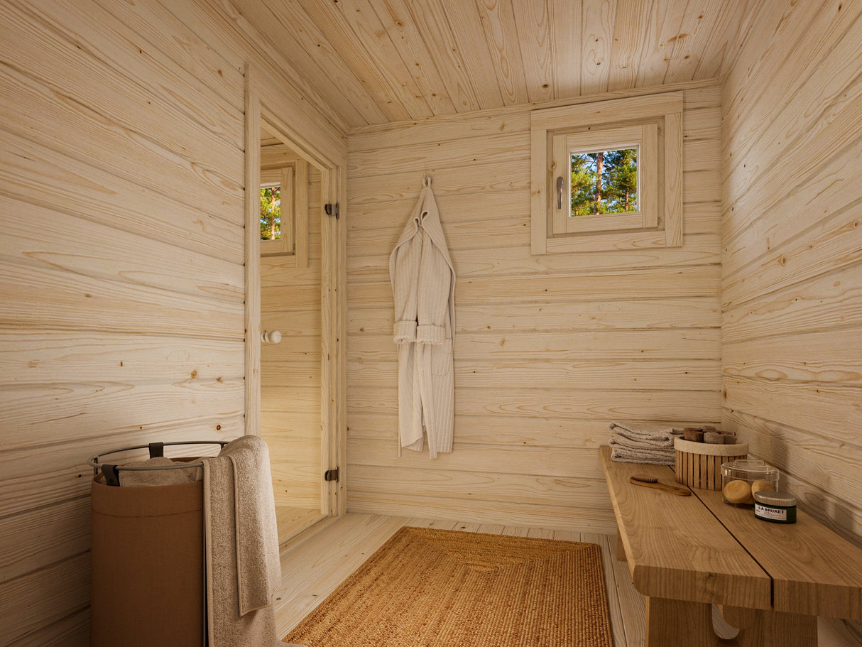 Leila 1 (5,4x3,4m | 17,5+7,3 m² | 70 mm) Log Sauna Cabin with Mezzanine Sleeping Loft