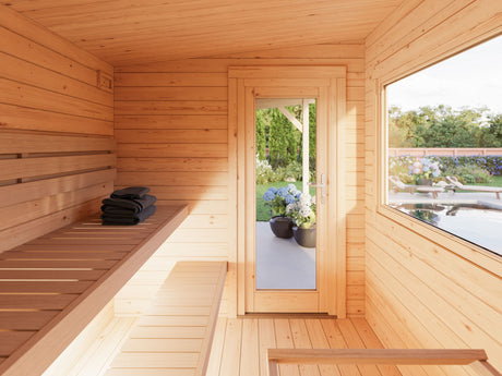 Sanna S+ (5.1x2.3m | 4.1+5.9 m2 | 44mm) Modern Outdoor Sauna with Canopy - Palmako UK