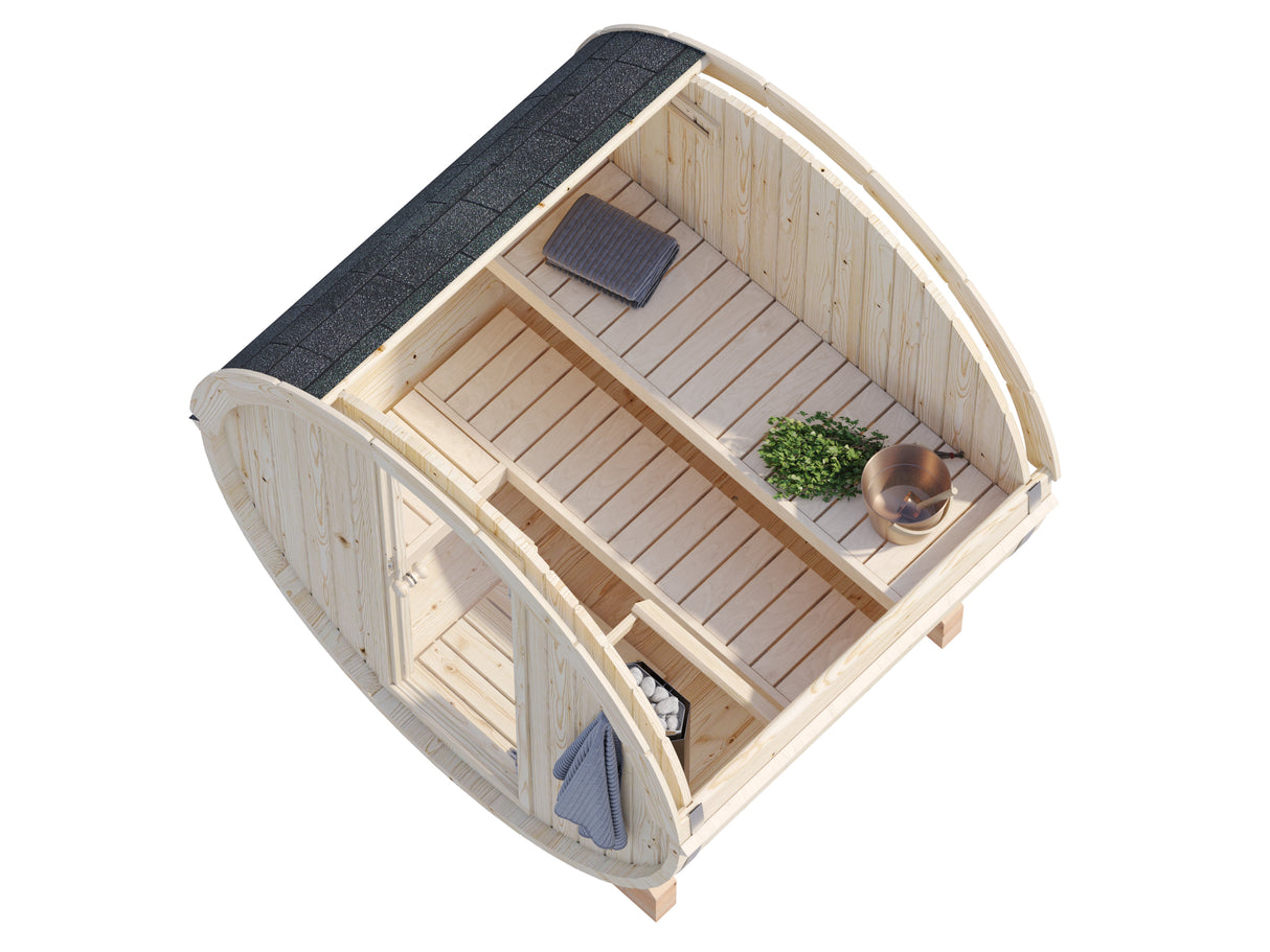 Bundle Deal: Anita S Barrel Sauna + 3.6kW Heater, Stones and Roof Cover Included