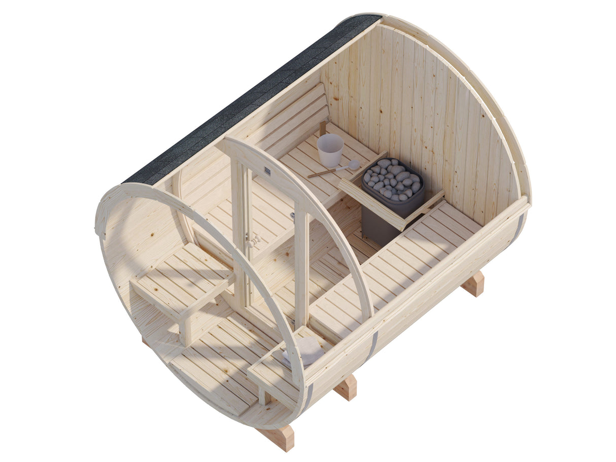 Anita M (2.2x2.5m | 1.3+0.7m2 | 42mm) Timber Garden Barrel Sauna with Glass wall