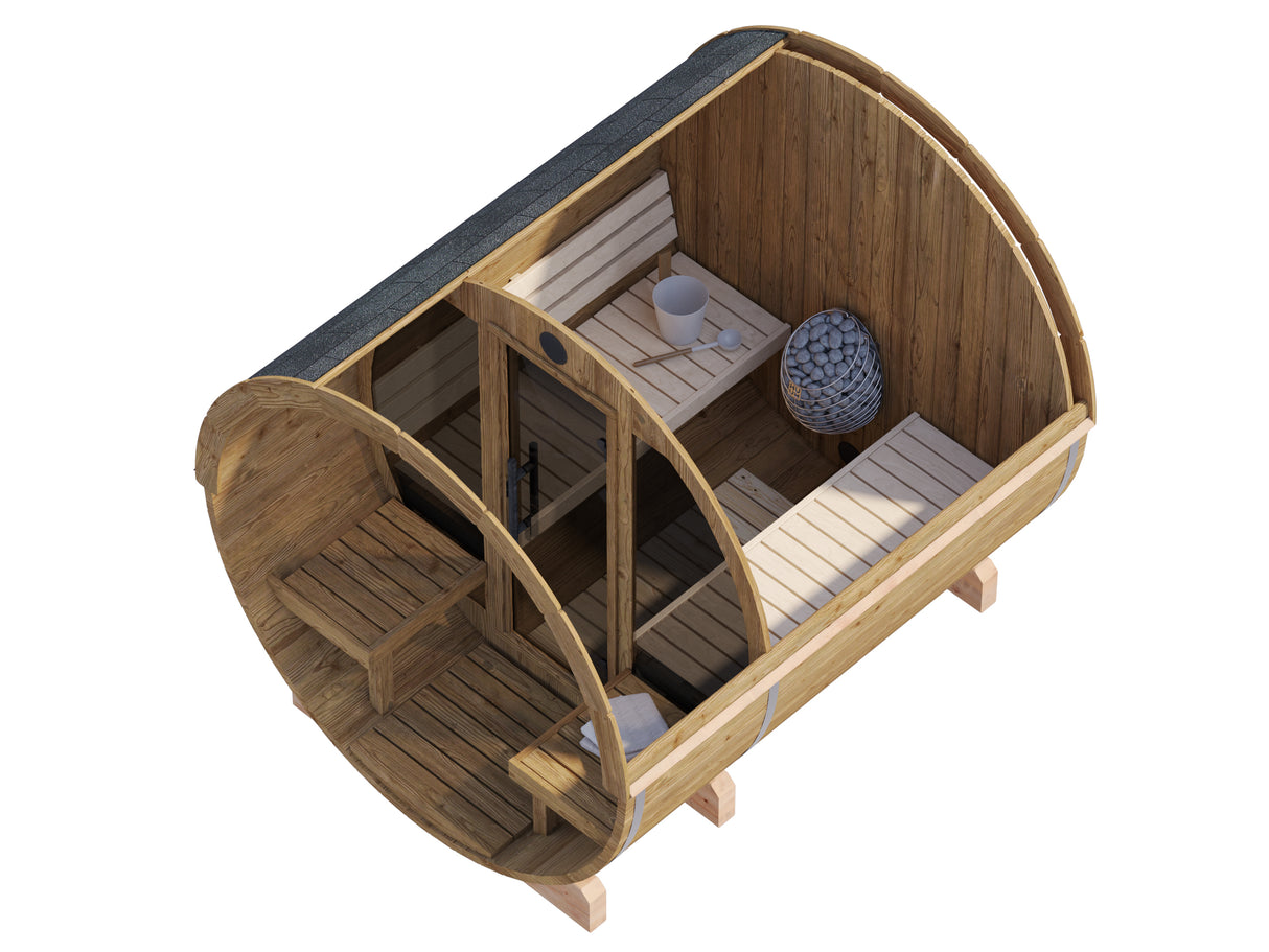 ANITA Thermo M Glass (2,2x2,5m|1,3m2|42mm) Thermowood Barrel Sauna with Glass Wall