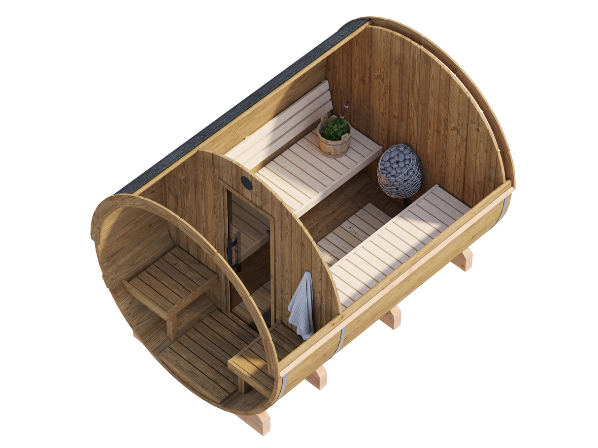 ANITA Thermo L Glass (2,2x2,9m|1,6m2|42mm) Thermowood Barrel Sauna with Glass Wall