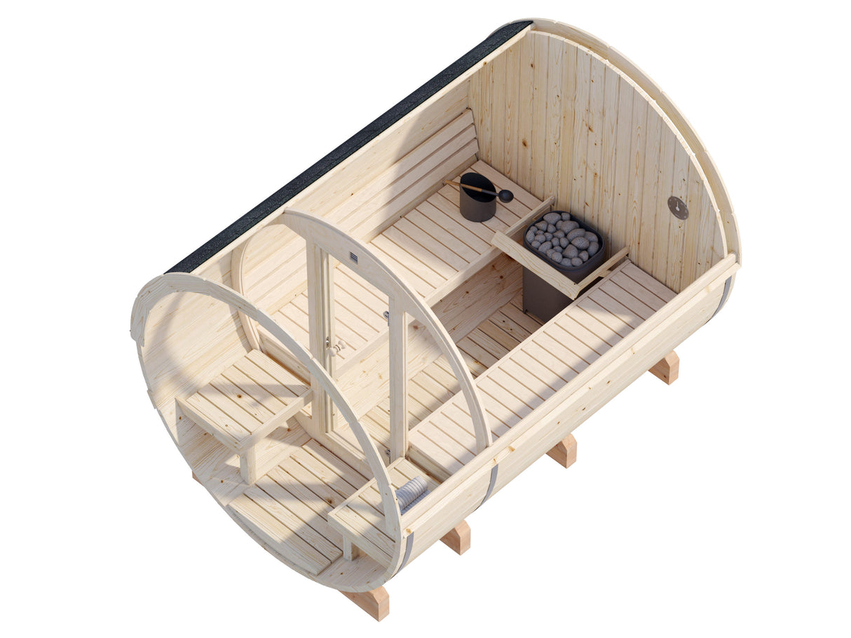 Anita L (2.2x2.9m | 1.6+0.7m2 | 42mm) Timber Garden Barrel Sauna with Glass wall - Palmako UK