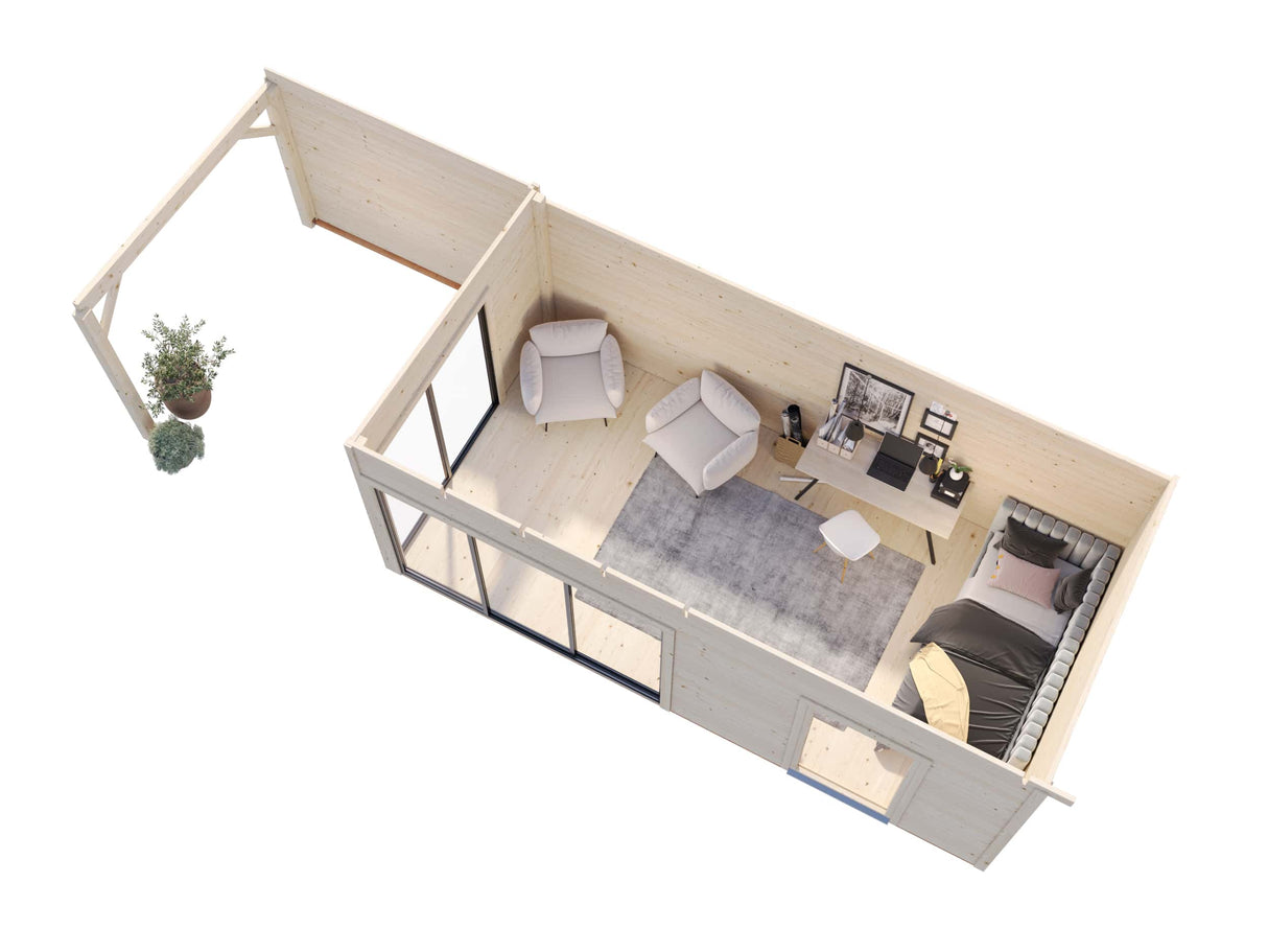 Andrea XL (9x3m | 17.1+7.9m2 | 44mm) Garden Room with Sliding Doors (Double Glazing Available)