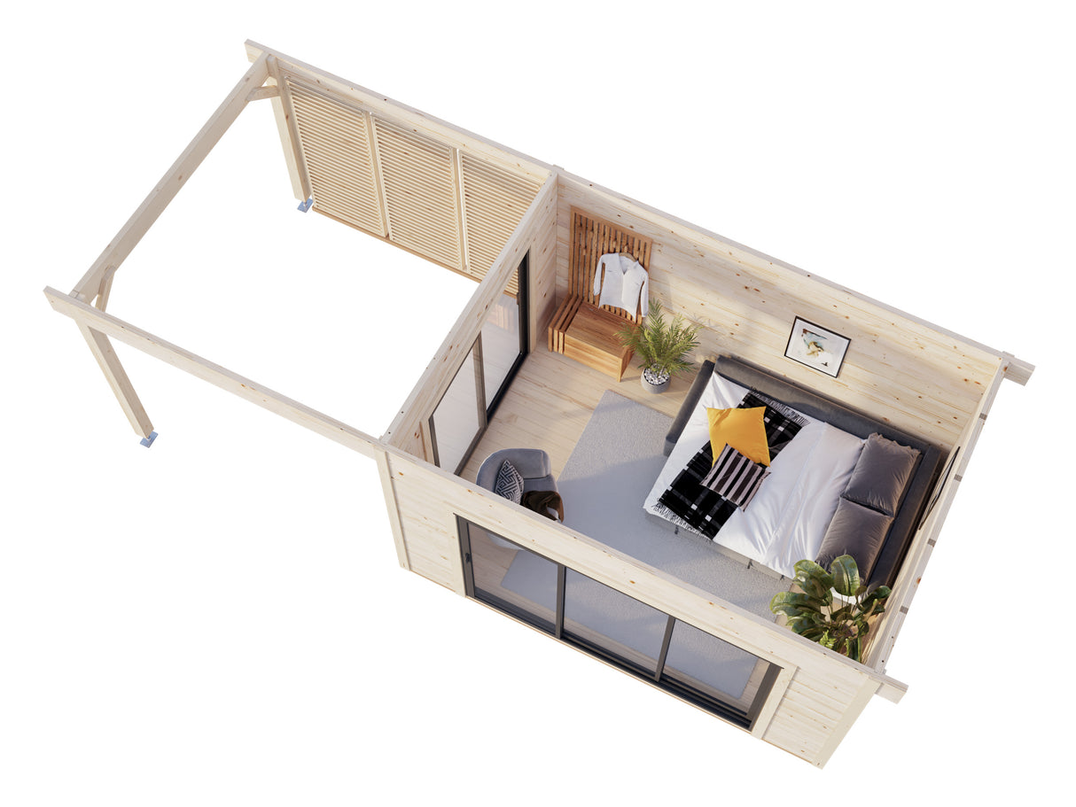 Grace (4x3m | 11.2+8.2m2 | 56mm) Year-Round Glue-Laminated Garden Room with Double Glazed Sliding Doors And Canopy - Palmako UK