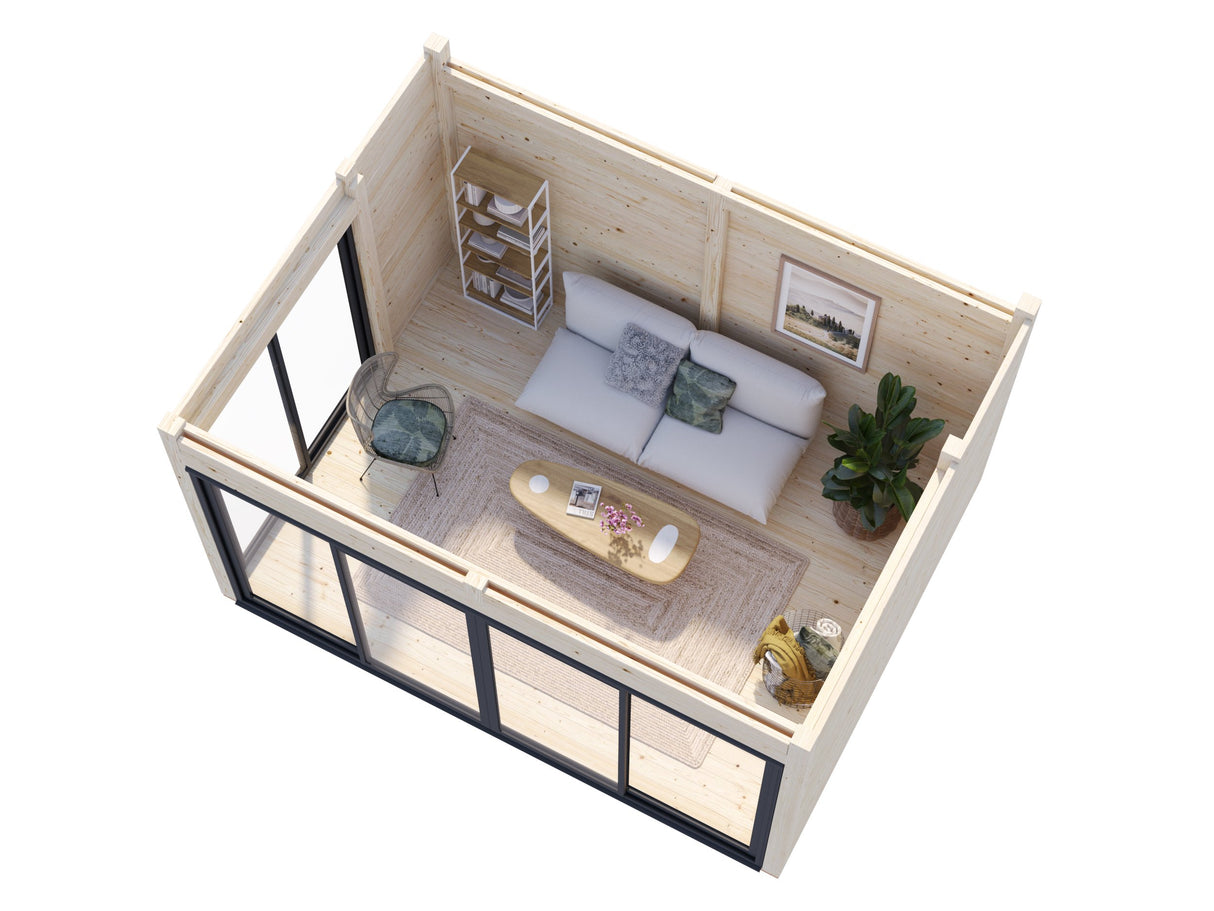 Serena 1 (4,2x3,2m|12,6m2|44mm ) Cubic Corner Log Cabin with Aluminium Doors and Windows(Double or Single Glazed)