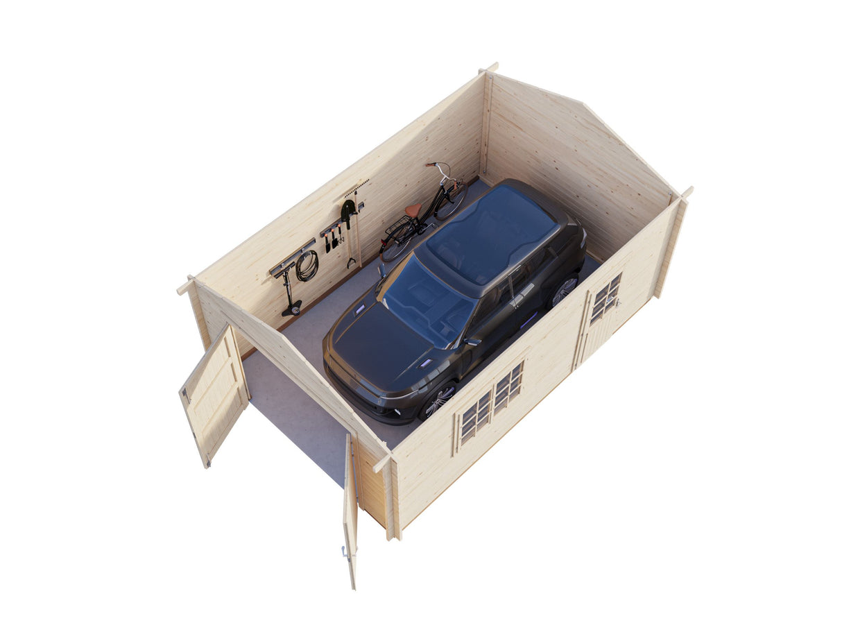 Roger XS (3.8x5.7m | 19m2 | 44mm) Compact Timber Log Garage with Wooden Doors - Palmako UK