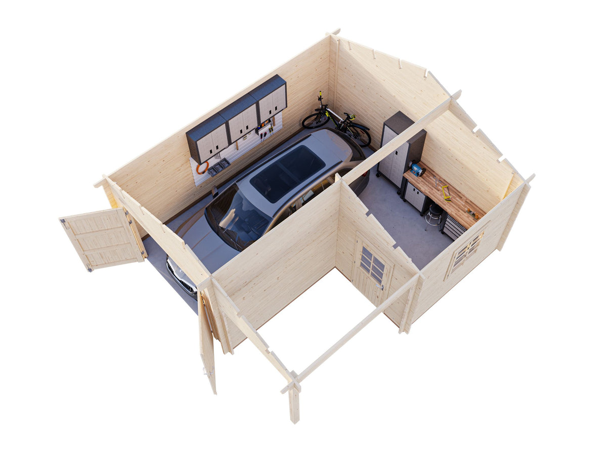 Roger M (5.3x5.7m | 21.9+5.2m2 | 44mm) Log Garage with Wooden Gate and Canopy - Palmako UK