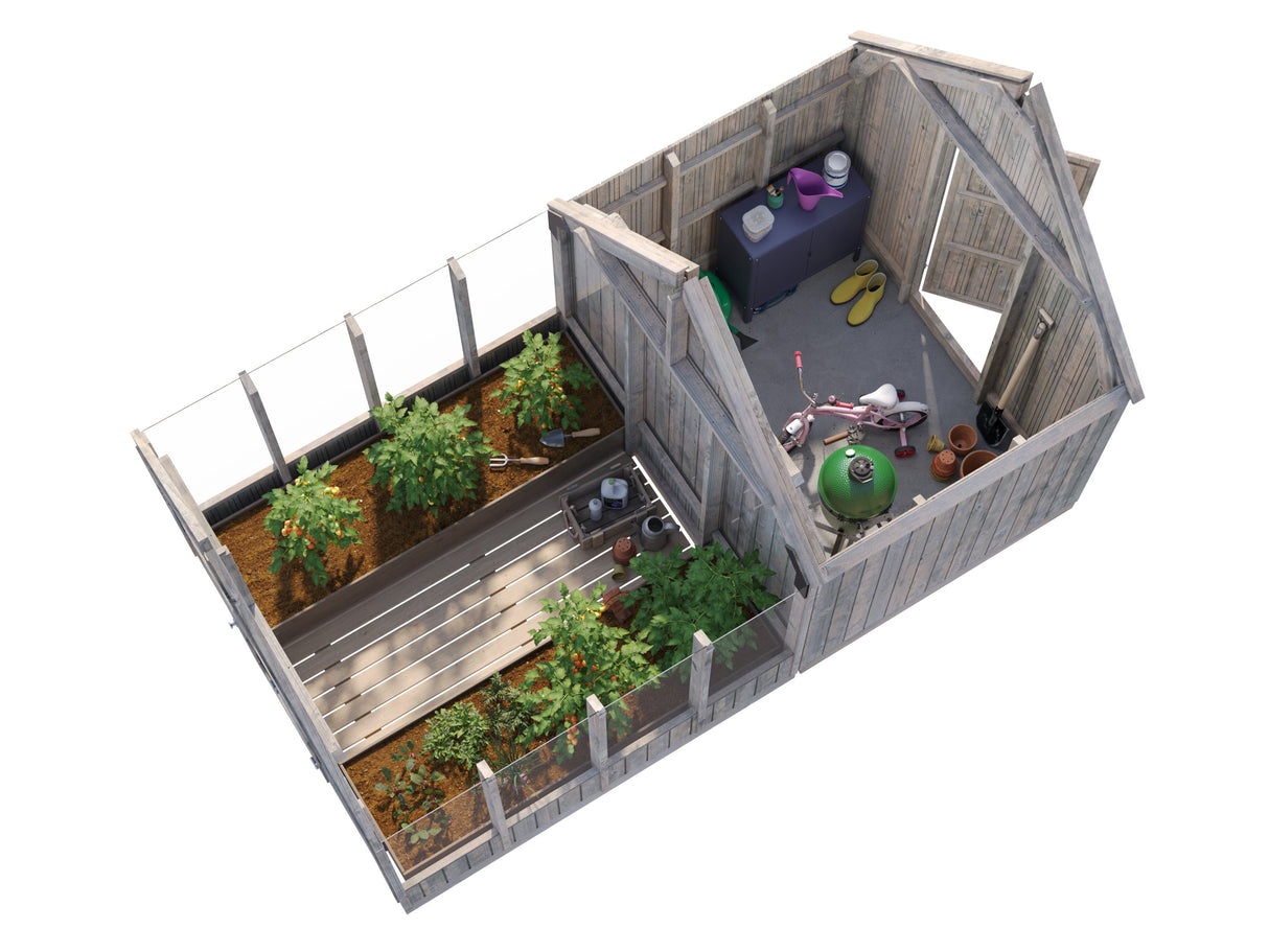 Emilia S+ (2,4x4,3m|5,4+4m2|18mm ) Compact Greenhouse with Shed - Pressure Treated