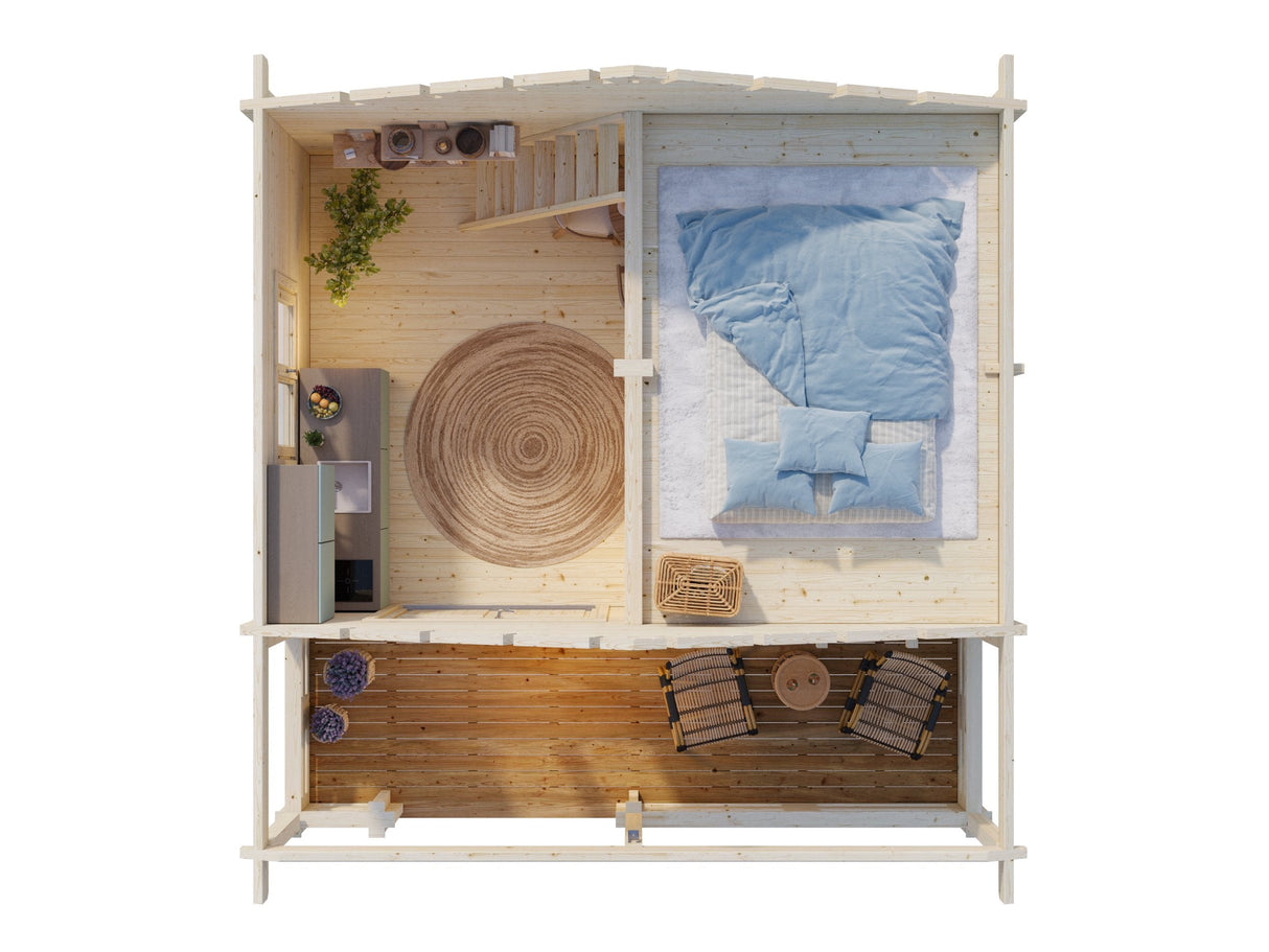 Leila 1 (5,4x3,4m | 17,5+7,3 m² | 70 mm) Log Sauna Cabin with Mezzanine Sleeping Loft
