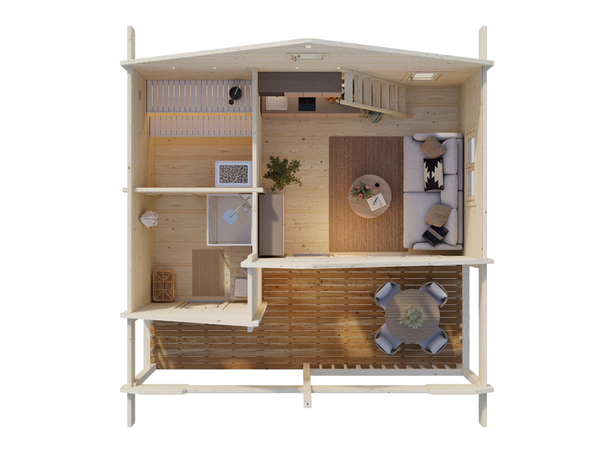 Leila 2 (6,2x5m | 20,0+10,4 m2 | 70 mm) Log Sauna House with Mezzanine Sleeping Loft