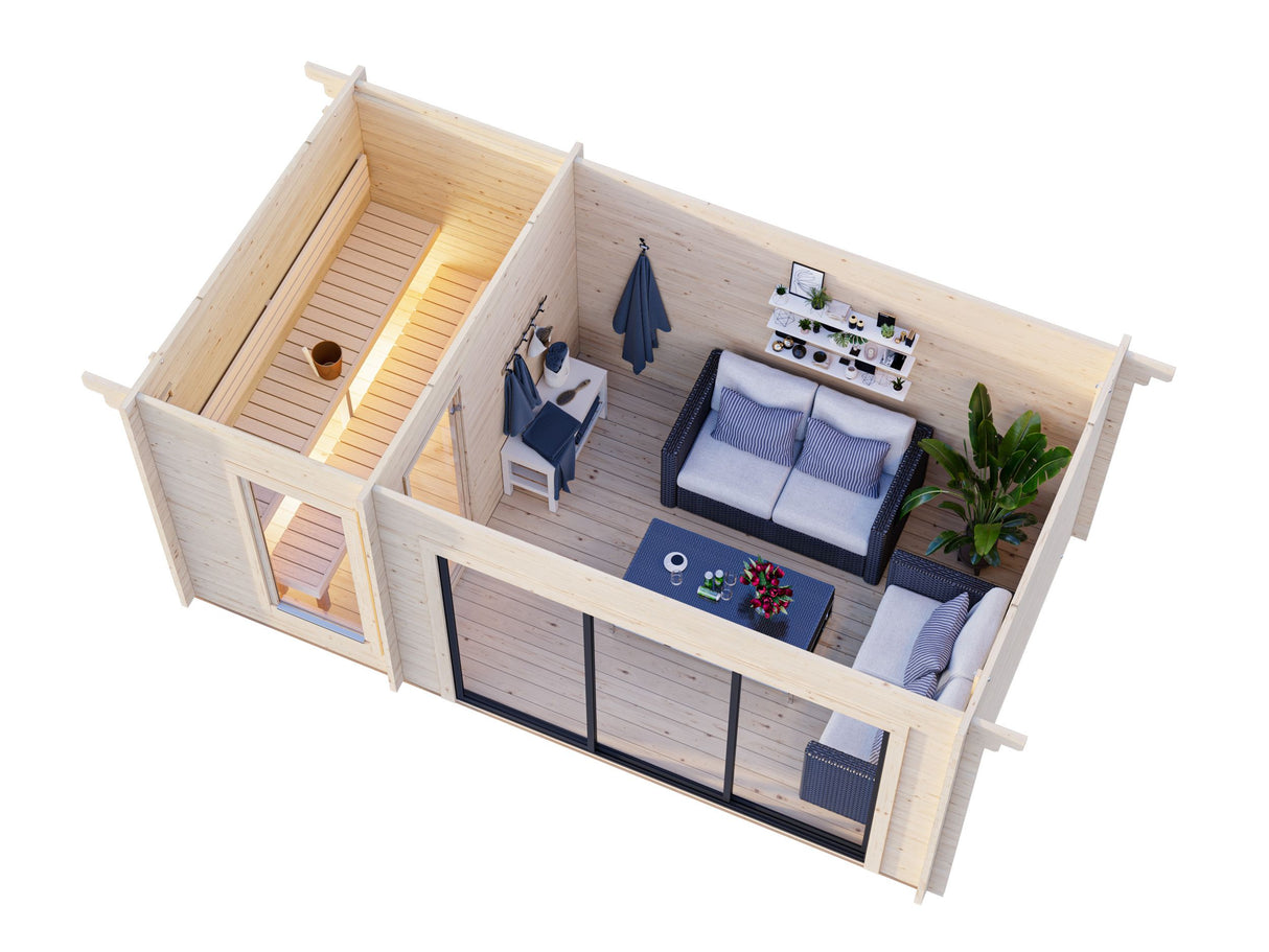 Sanna Sauna XL (5.2x2.9m | 12.8m2 | 44mm) Modern Double Glazed Sauna & Garden Room with Sliding Doors - Palmako UK