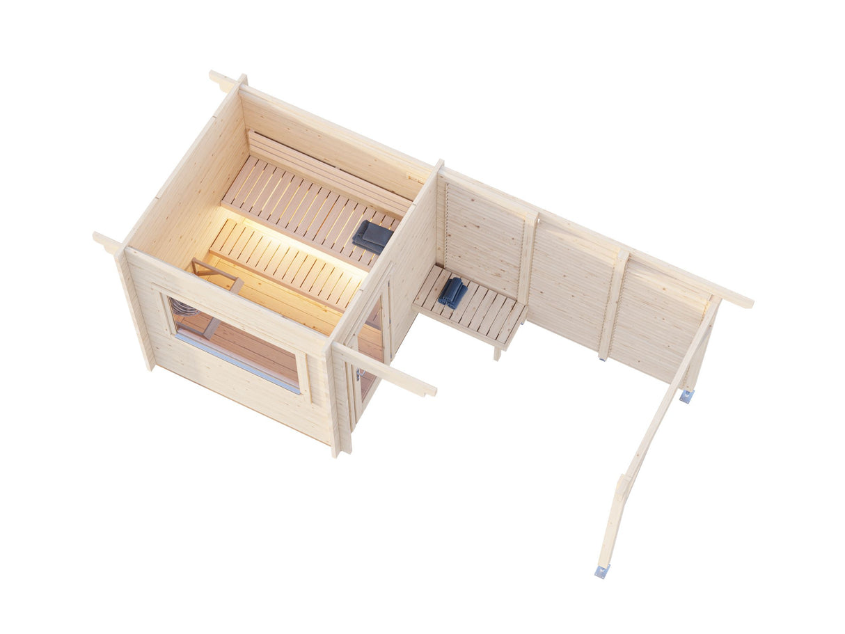 Sanna S+ (5.1x2.3m | 4.1+5.9 m2 | 44mm) Modern Outdoor Sauna with Canopy - Palmako UK