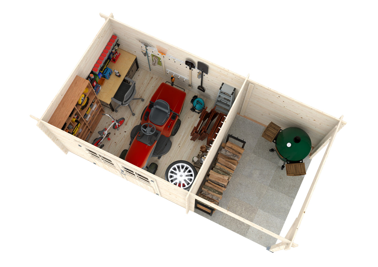 Malta 2 with 4,6 m2 Canopy (4,9x2,5m | 7,2+4,6m2 | 28mm) Double Door Pent Roof Cabin with Side Canopy