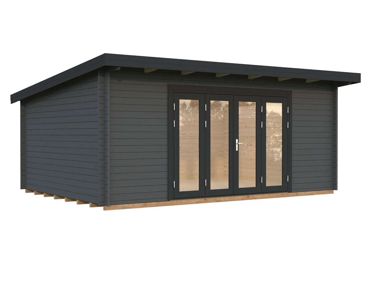 Lea L (5.5x4m | 19.4m2 | 44mm) Pent Roof Garden Room with Bi-Fold Doors