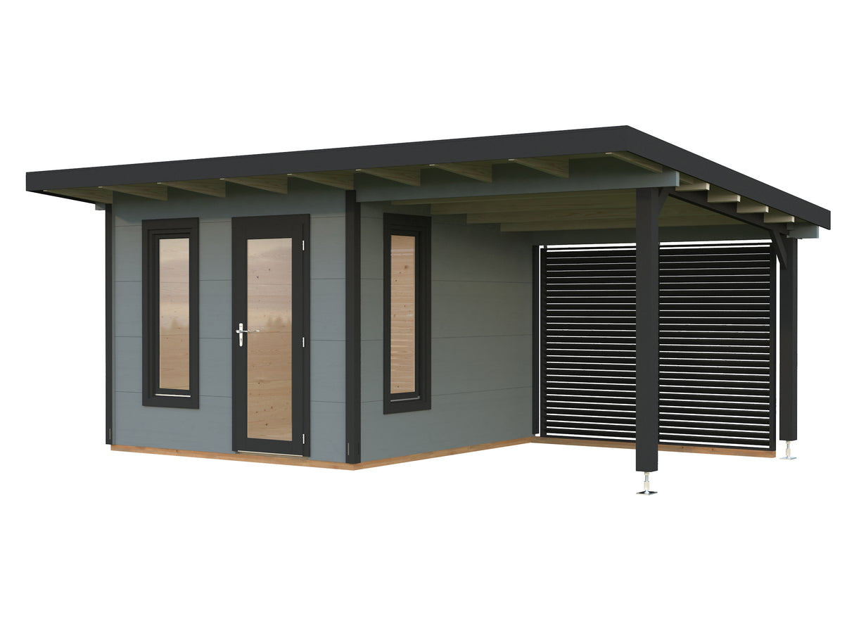 Grace (5.6x2.9m | 8.1+8.1m2 | 56mm) Year-Round Glue-Laminated Garden Room with Roof Canopy