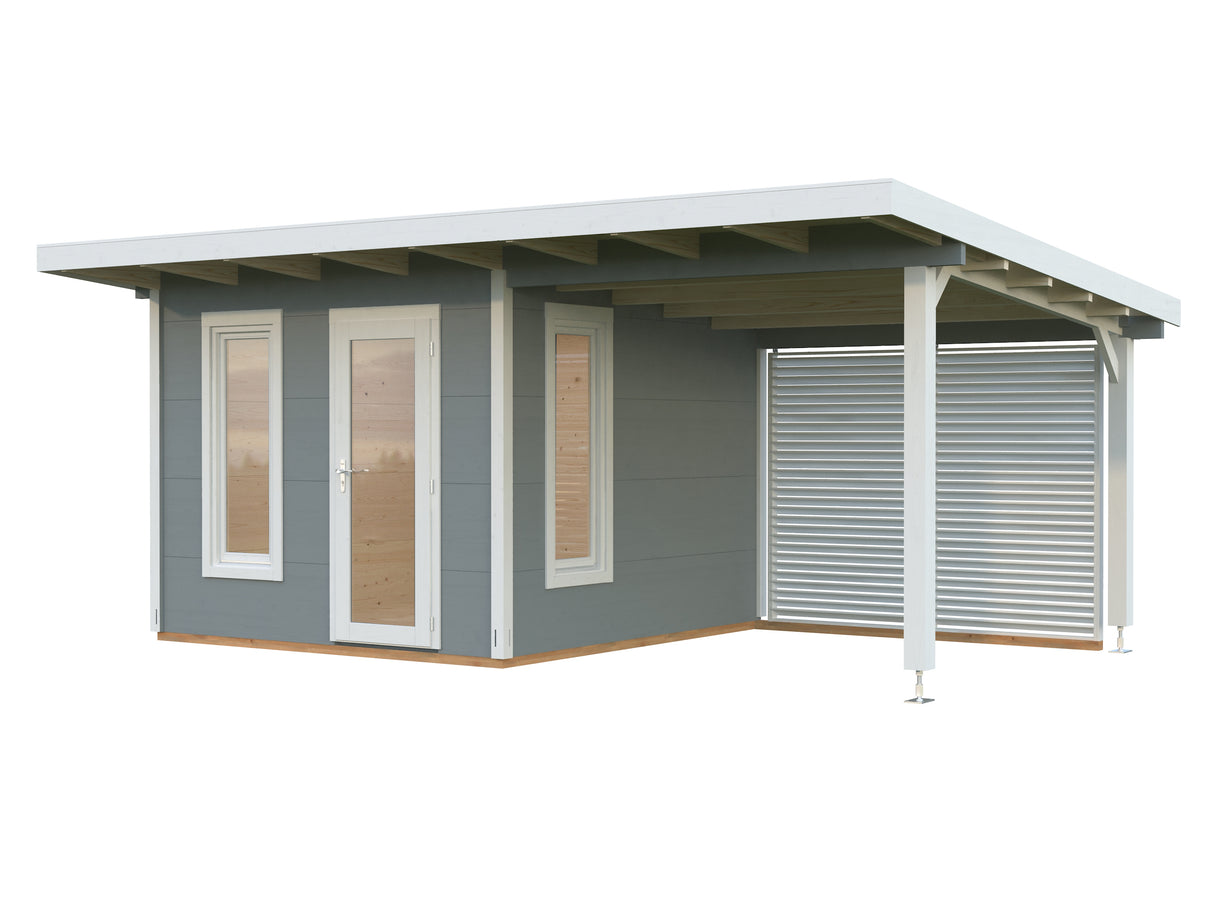 Grace (5.6x2.9m | 8.1+8.1m2 | 56mm) Year-Round Glue-Laminated Garden Room with Roof Canopy