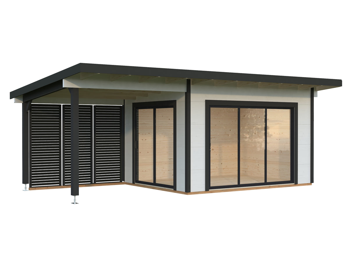 Grace (4x3m | 11.2+8.2m2 | 56mm) Year-Round Glue-Laminated Garden Room with Double Glazed Sliding Doors And Canopy