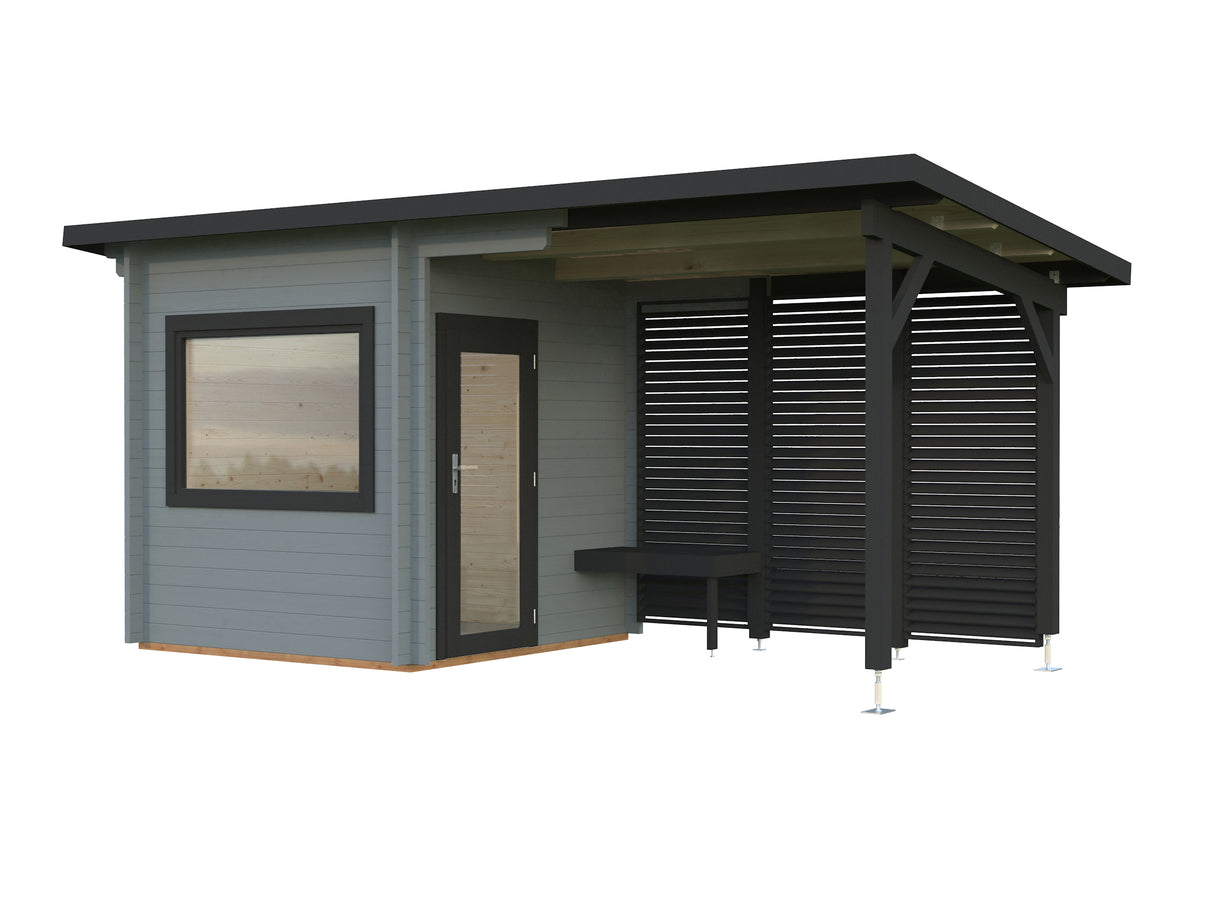 Sanna S+ (5.1x2.3m | 4.1+5.9 m2 | 44mm) Modern Outdoor Sauna with Canopy