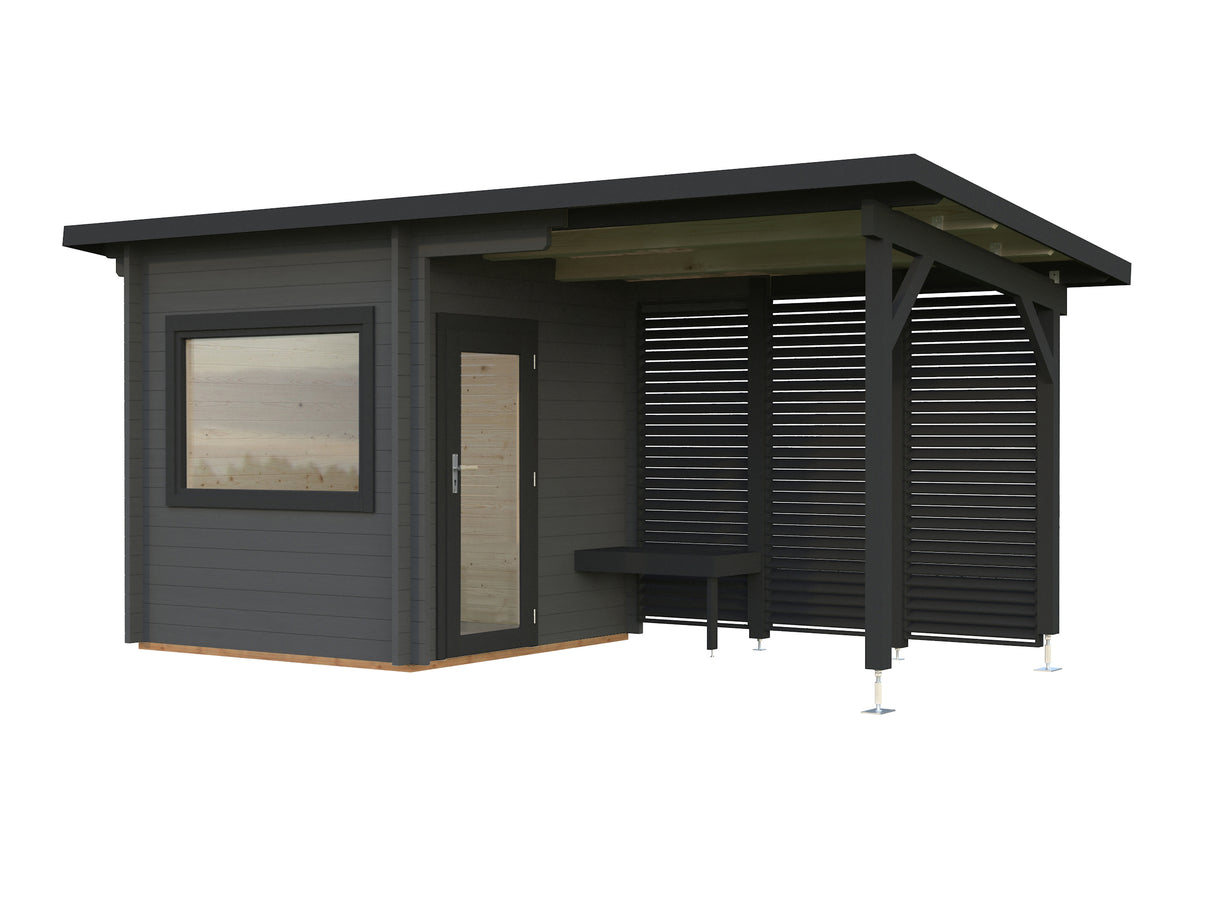 Sanna S+ (5.1x2.3m | 4.1+5.9 m2 | 44mm) Modern Outdoor Sauna with Canopy