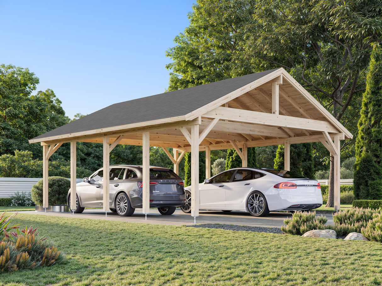 Robert XL (5,6x7,3m | 40,6m2 | 120x120mm)  Apex Roof Carport for Two Cars