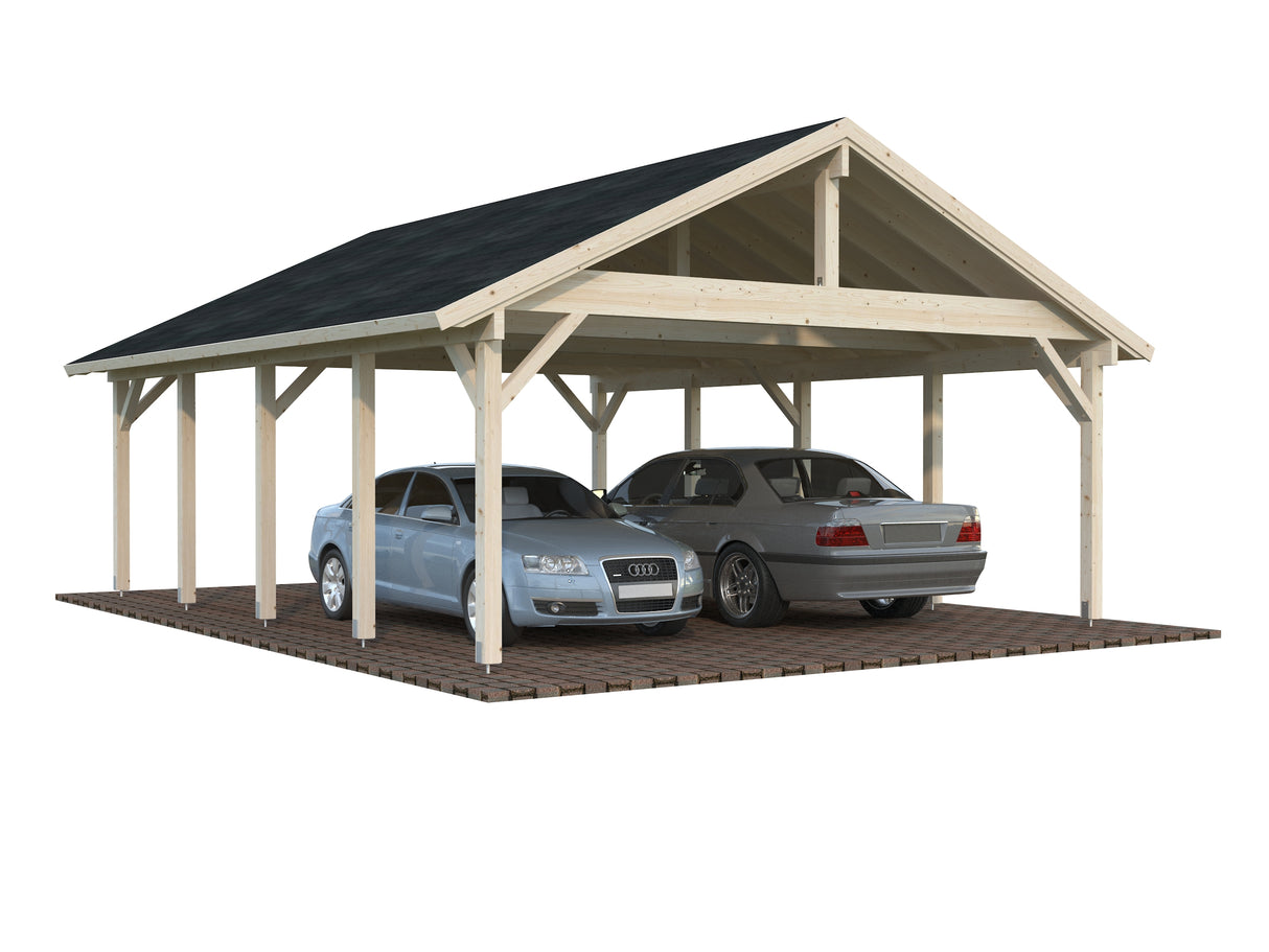 Robert XL (5,6x7,3m | 40,6m2 | 120x120mm)  Apex Roof Carport for Two Cars