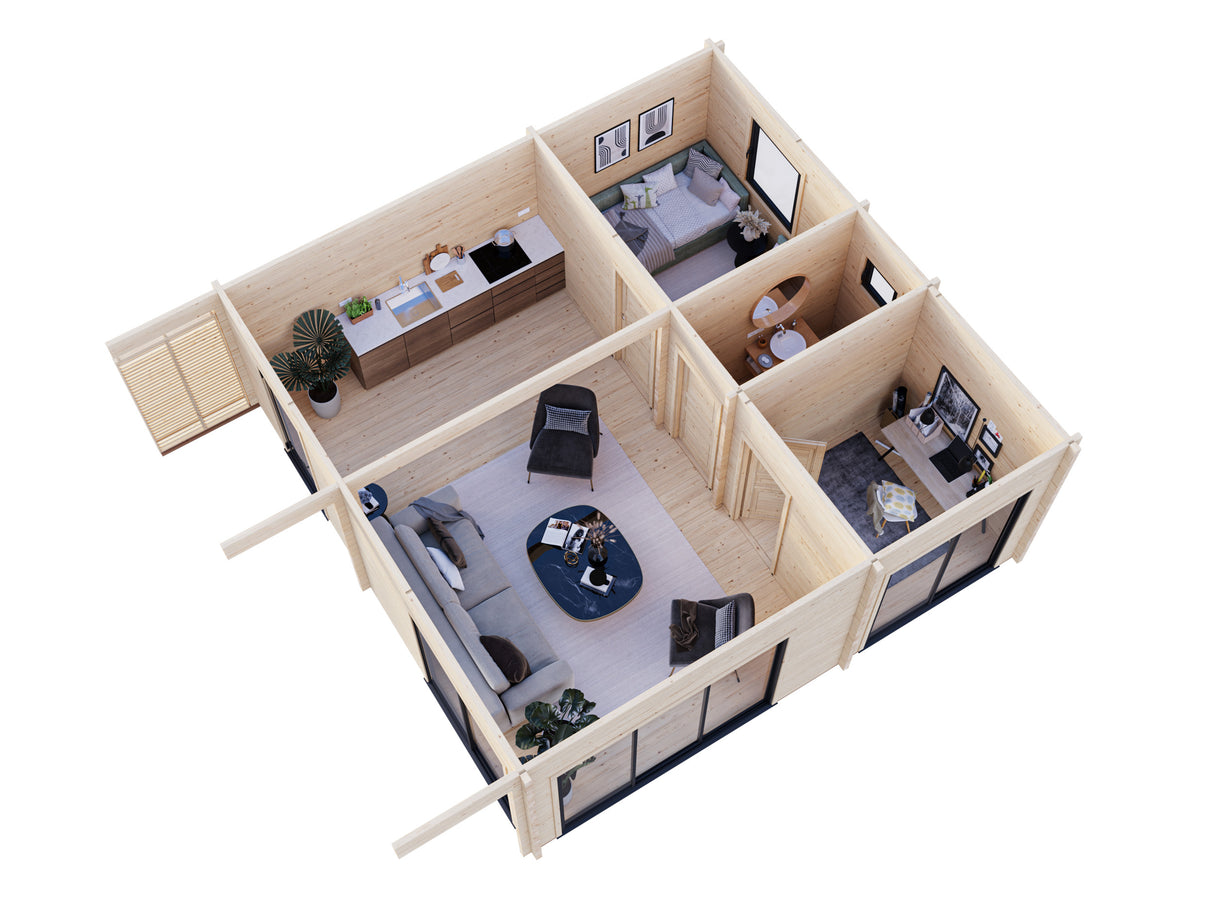 Cecilia XXXL (6,7x6,7m|39,9m2|70mm ) Modern 2-Bedroom Guesthouse Granny Annex Log Cabin