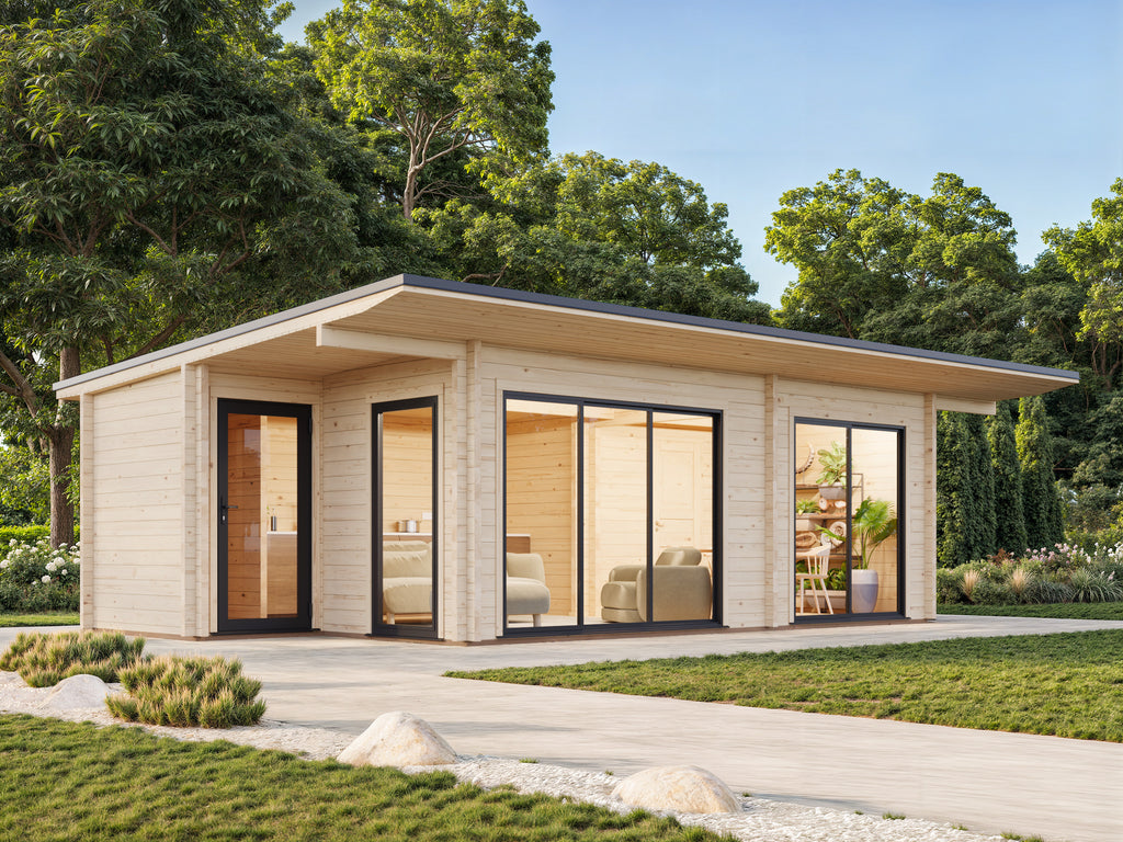 Cecilia L2 (7,9x4,4m|27,3m2|70mm ) Modern Garden Log House With Aluminium Doors and Windows - Palmako UK