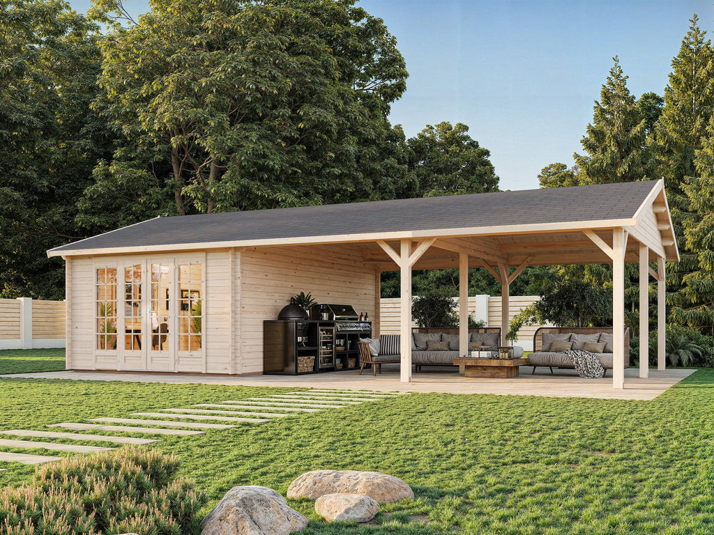 Irene M++ (9,8x5,7m | 19,0+33,2m2 | 44mm) Summer House with Large Canopy or Double Carport - Palmako UK
