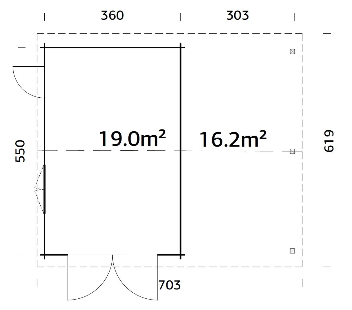 Roger (6,7x5,7m | 19+16,2m2 | 44mm) Log Garage with Wooden Gate