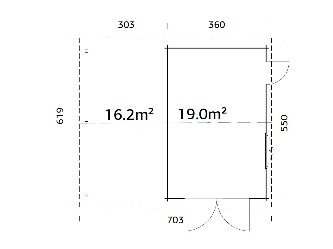 Roger (6,7x5,7m | 19+16,2m2 | 44mm) Log Garage with Wooden Gate