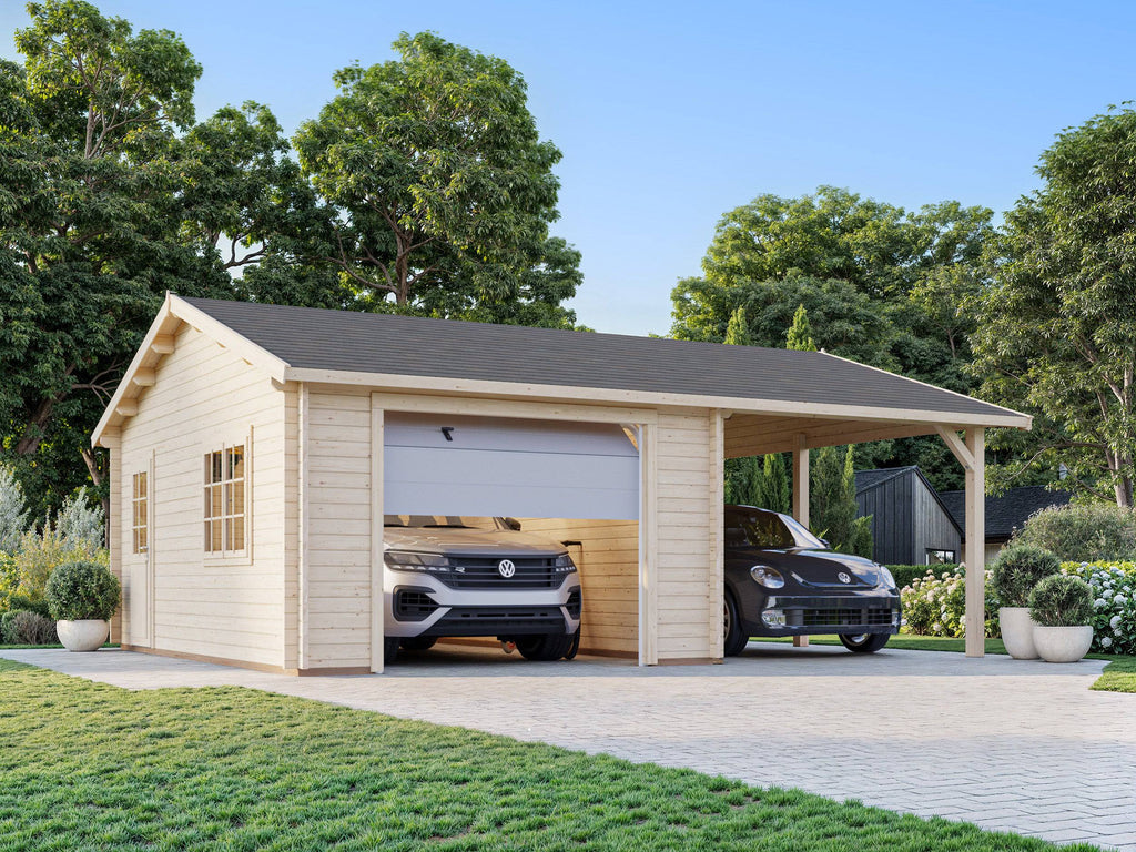 Roger (6,7x5,7m | 19+16,2m2 | 44mm) Single Garage with Single Carport (Sectional Door) - Palmako UK