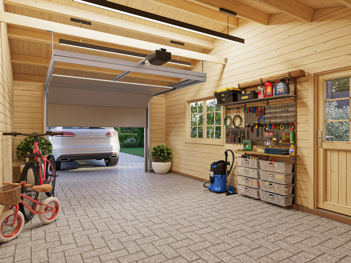 Roger (6,7x5,7m | 19+16,2m2 | 44mm) Log Garage with Sectional Door