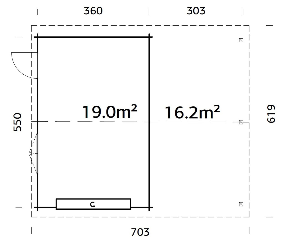 Roger (6,7x5,7m | 19+16,2m2 | 44mm) Log Garage with Sectional Door