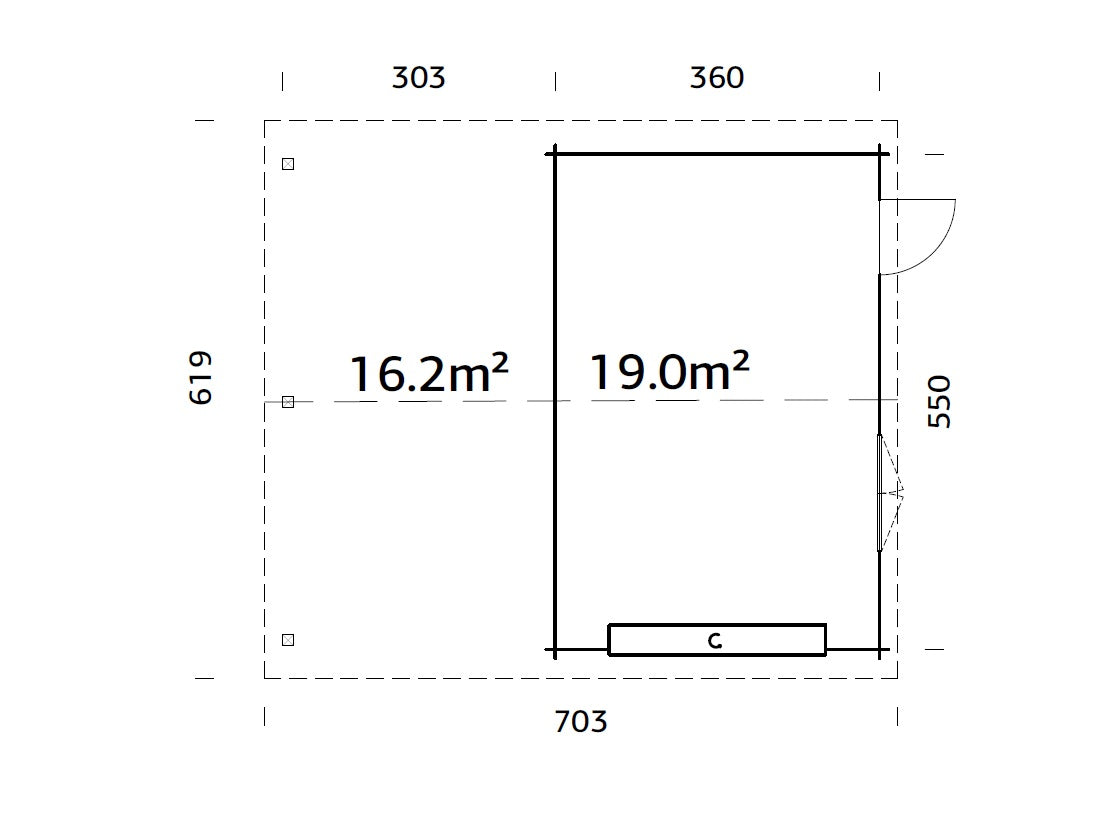 Roger (6,7x5,7m | 19+16,2m2 | 44mm) Log Garage with Sectional Door