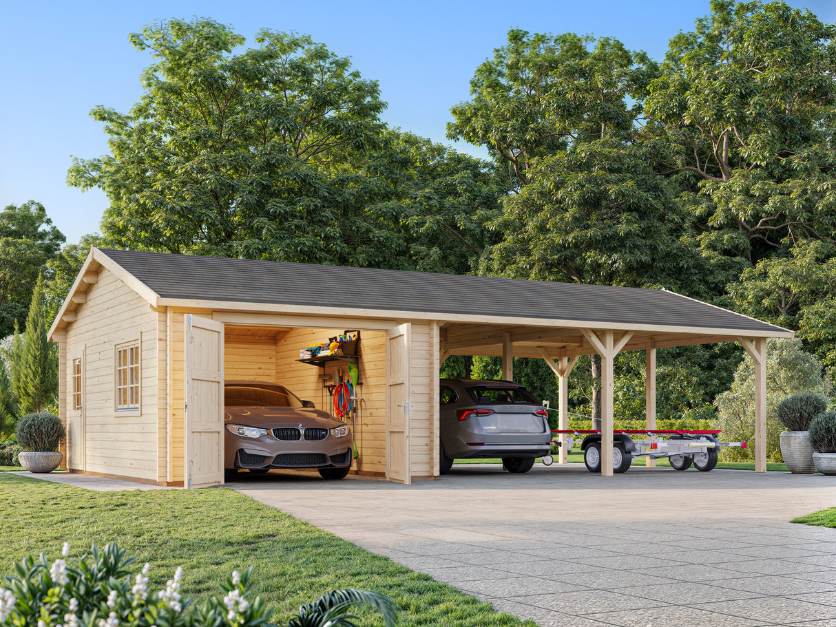 Roger (9,8x5,7m | 19m2+33.2m2 | 44mm) Log Garage with Wooden Gate