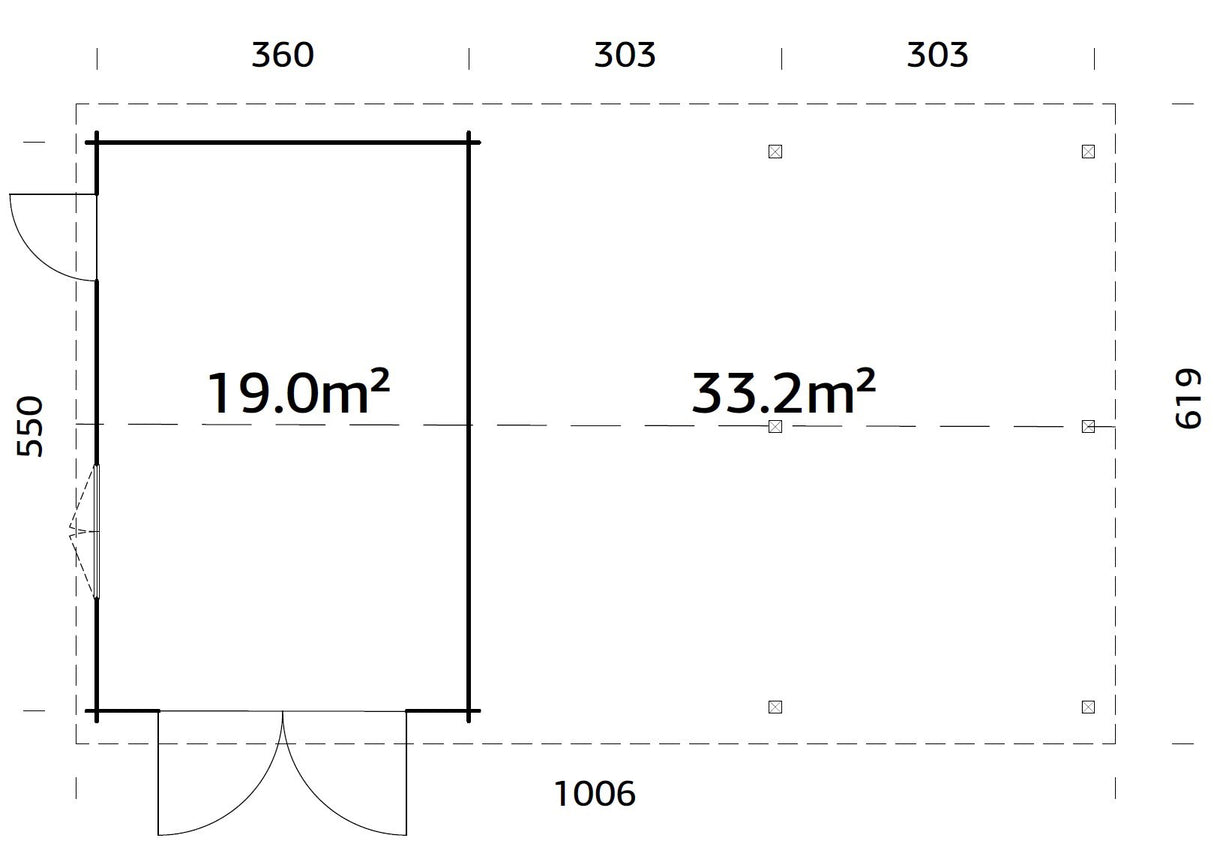 Roger (9,8x5,7m | 19m2+33.2m2 | 44mm) Log Garage with Wooden Gate