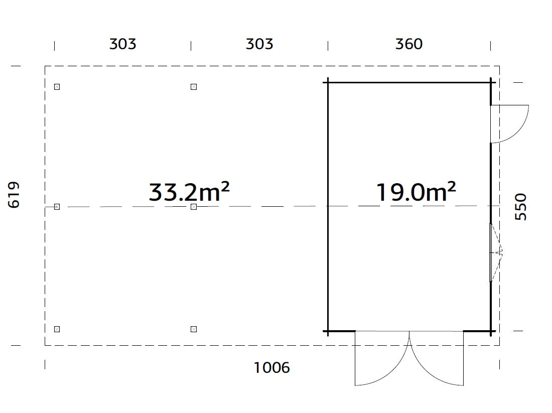 Roger (9,8x5,7m | 19m2+33.2m2 | 44mm) Log Garage with Wooden Gate