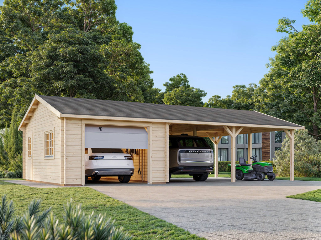 Roger (9,8x5,7m | 19m2+33.2m2 | 44mm) Garage with Double Carport (Sectional Door) - Palmako UK