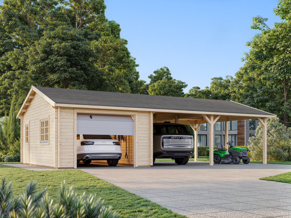 Roger (9,8x5,7m | 19m2+33.2m2 | 44mm) Garage with Double Carport