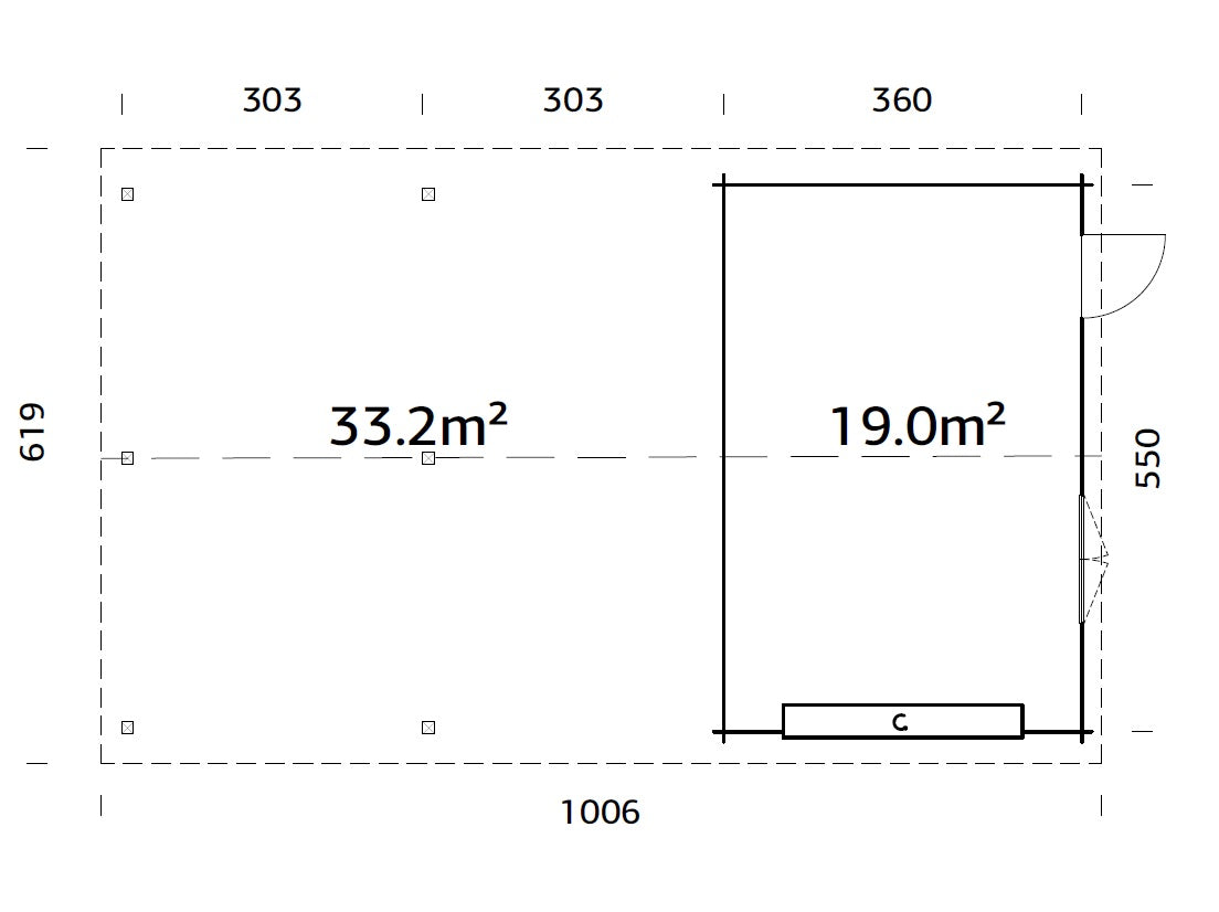 Roger (9,8x5,7m | 19m2+33.2m2 | 44mm) Garage with Double Carport