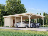 Karl XL+ (5,6x7,3m | 40,6m2 | 120x120mm) Carport with Shed for Two Cars - Palmako UK