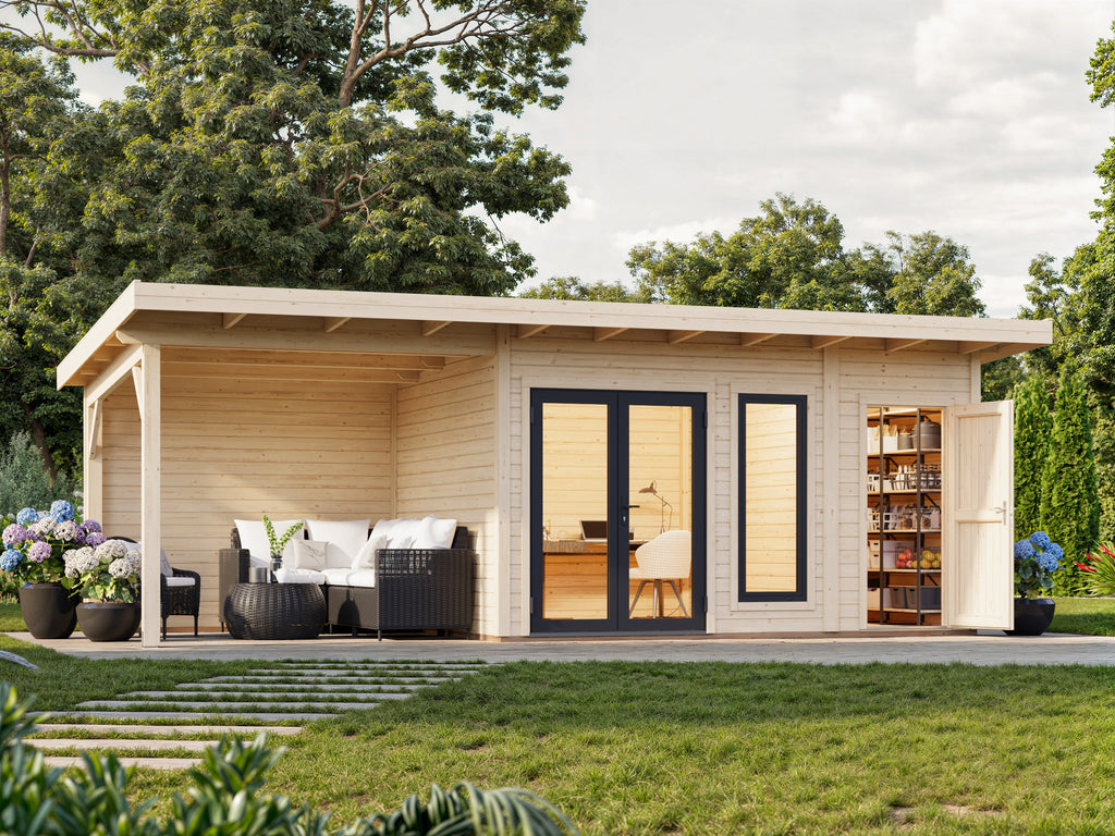 Aurelia S+ (7,4x3m|12,4+7,9m2|44mm ) Pent Roof Log Cabin with Canopy and Side Shed - Palmako UK