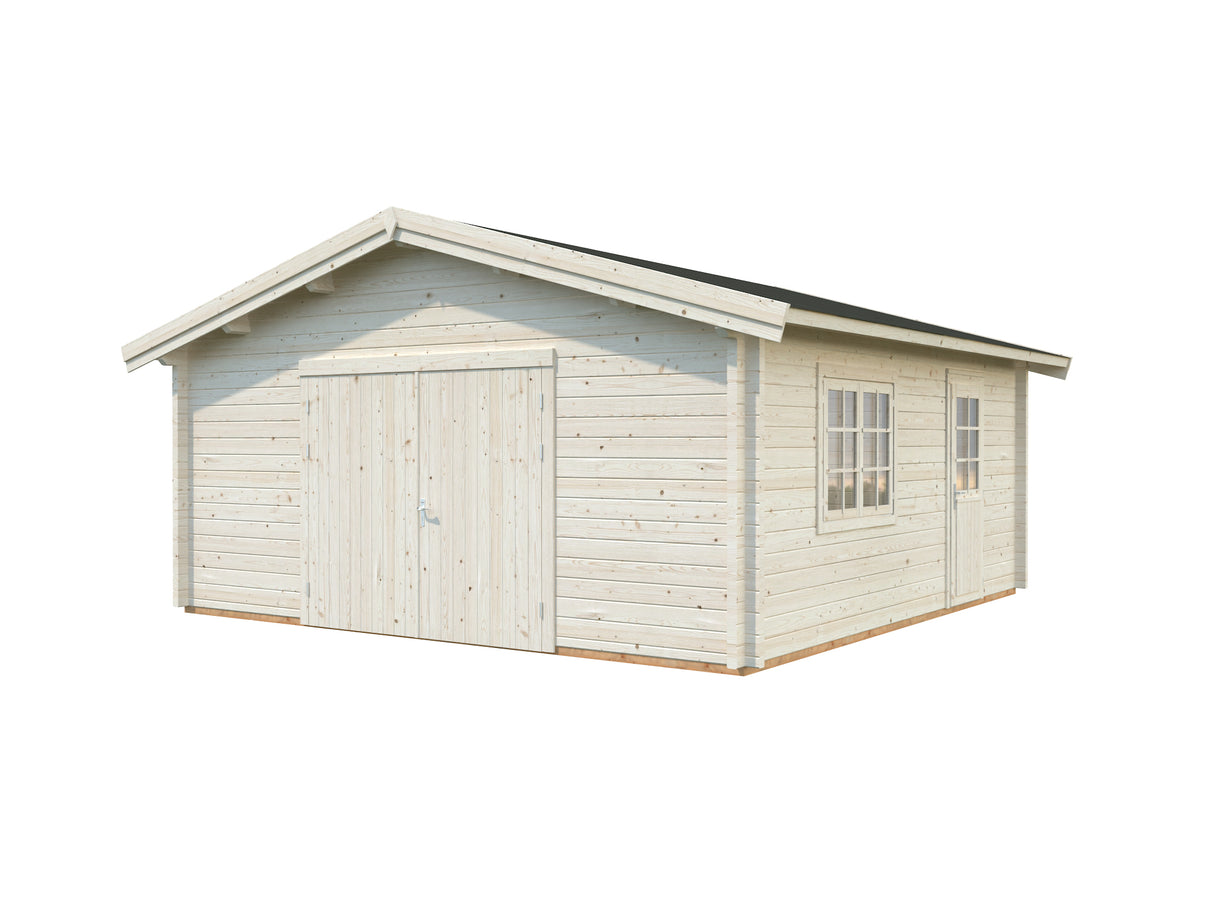 Roger L (5.6x5.6m | 27.7m2 | 70mm) Spacious Timber Log Garage with Wooden Gate