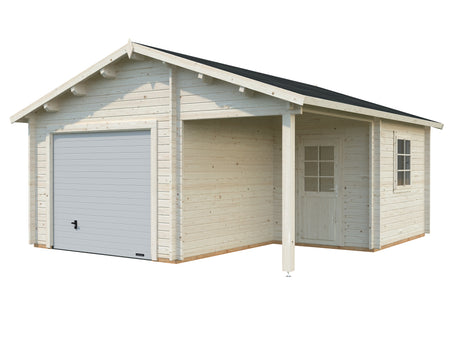 Roger M (5.3x5.7m | 21.9+5.2m2 | 44mm) Log Garage with Sectional Door and Canopy