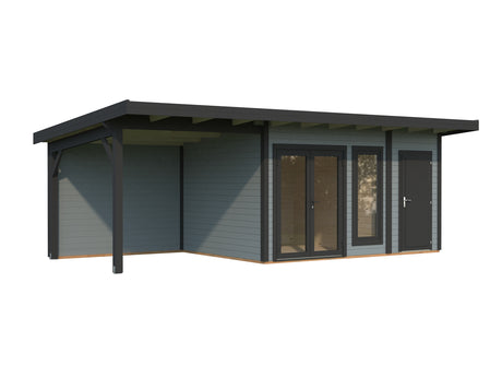 Aurelia S+ (7,4x3m|12,4+7,9m2|44mm ) Pent Roof Log Cabin with Canopy and Side Shed
