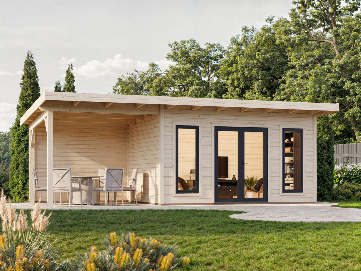 Aurelia M+ (7,5x3m|12,7+7,9m2|44mm ) Modern Pent Roof Garden Room with Canopy